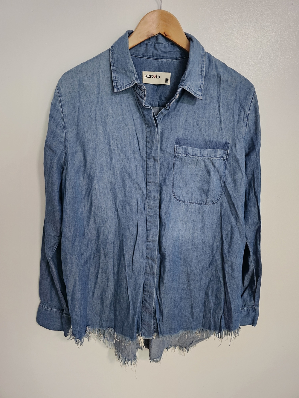 Pistola Revolve Blue Denim Chambray Button-Front Shirt Frayed Hem Size M